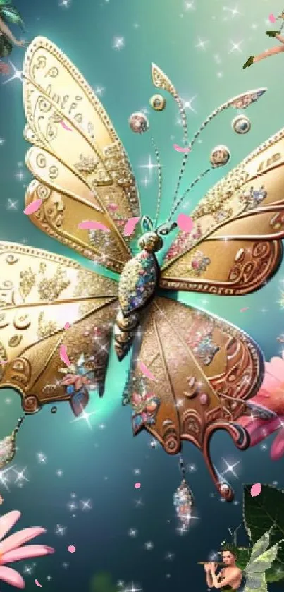 Golden butterfly with fairies and pink flowers on teal background.