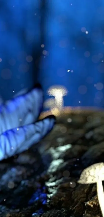 Magical blue butterfly with glowing mushrooms at night.