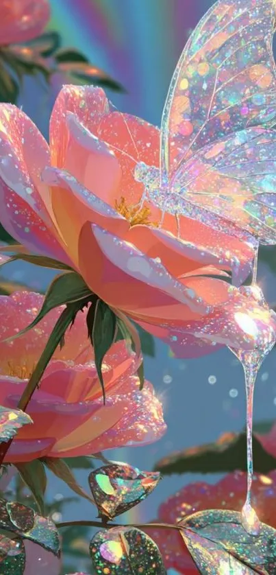 Sparkling butterfly on blossoming rose with dreamy colors.