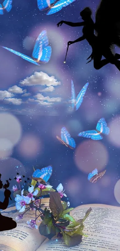 Magical scene with butterflies, fairies, and an open book.