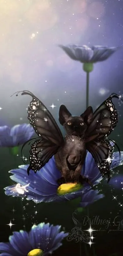 Fantasy cat with butterfly wings in a floral, starry setting.