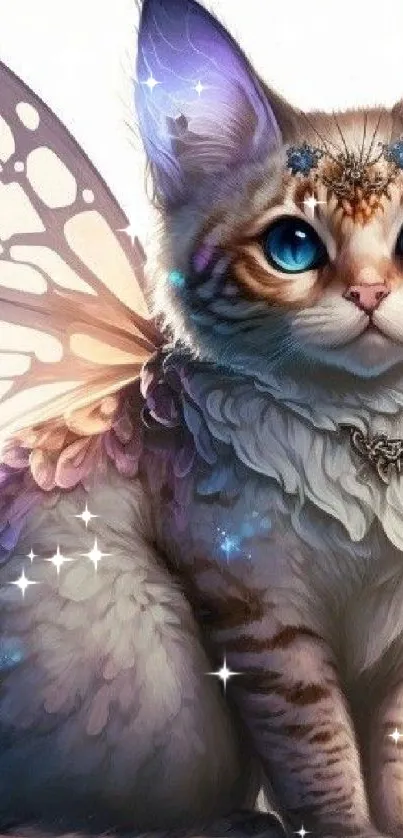 Whimsical cat with butterfly wings and bright blue eyes.