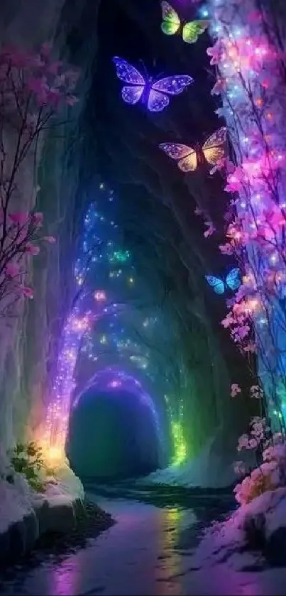 Magical cave with glowing butterflies