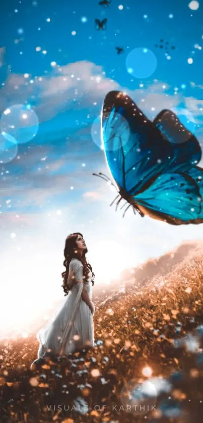 Magical blue butterfly over a field with a dreamy background.