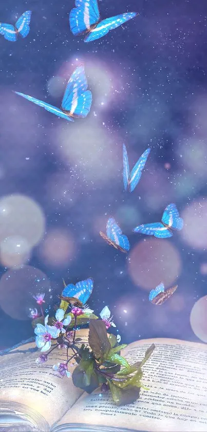 Blue butterflies flying above an open book in a magical scene.