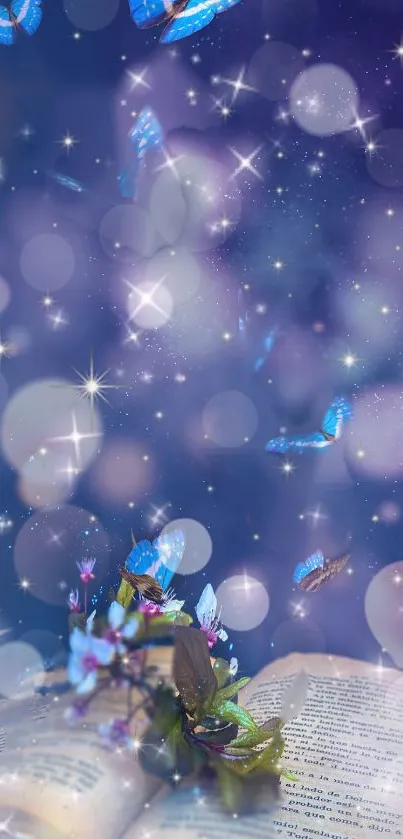 Dreamy mobile wallpaper with butterflies and stars over an open book.