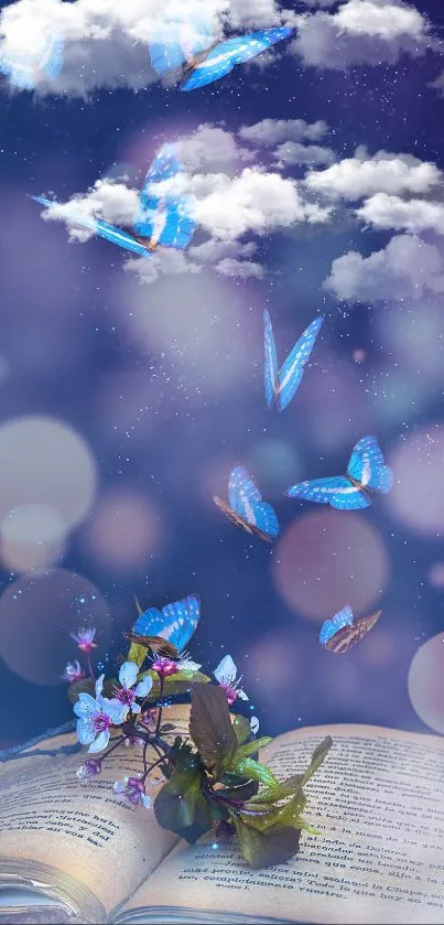 Blue butterflies above an open book in a mystical, bokeh-filled night sky.