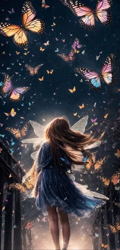 A girl with wings amidst magical butterflies at night.