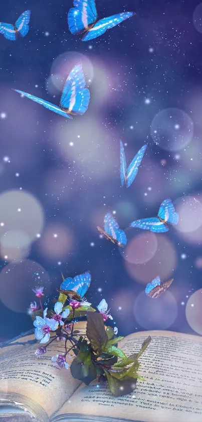 Blue butterflies fluttering over an open book under a dreamy, starry night sky.