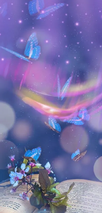 Dreamy wallpaper with butterflies and book under a starry sky.