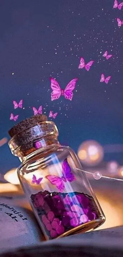 Enchanting wallpaper with purple butterflies from a jar.