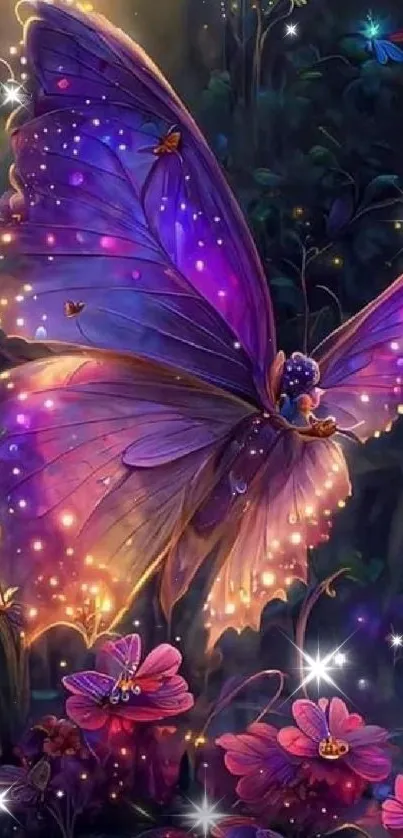 Magical butterfly with vibrant colors in a fantasy garden scene.