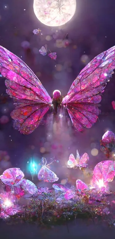 Magical butterfly with glowing wings in a mystical, moonlit landscape wallpaper.