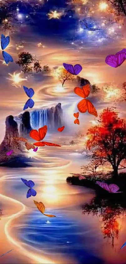 Fantasy landscape with colorful butterflies and waterfalls.