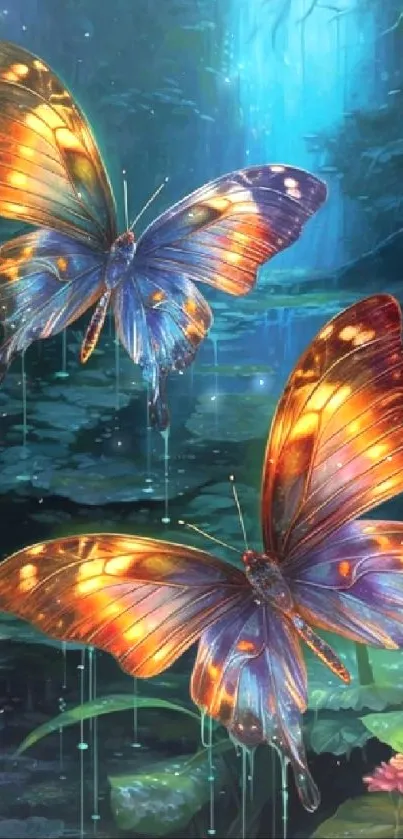 Two glowing butterflies in a mystical forest setting.