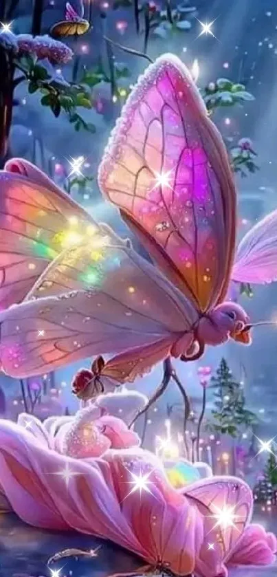 Magical butterfly with luminescent wings in a fantasy setting.