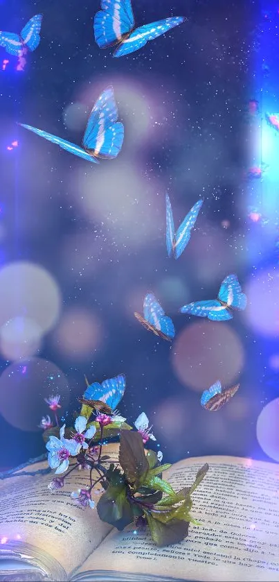 Blue butterflies emerge from a book, set against a dreamy night sky.