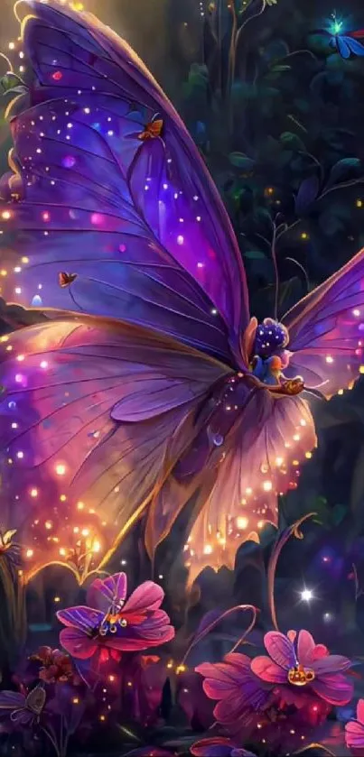 Enchanting purple butterfly in vibrant fantasy setting.