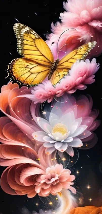 Fantasy art with a yellow butterfly and pink flowers on a black background.