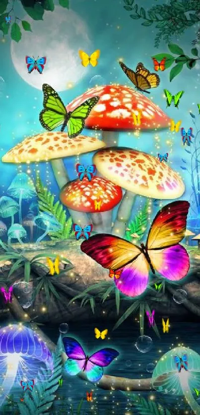 Fantasy wallpaper with butterflies and mushrooms in a moonlit forest.