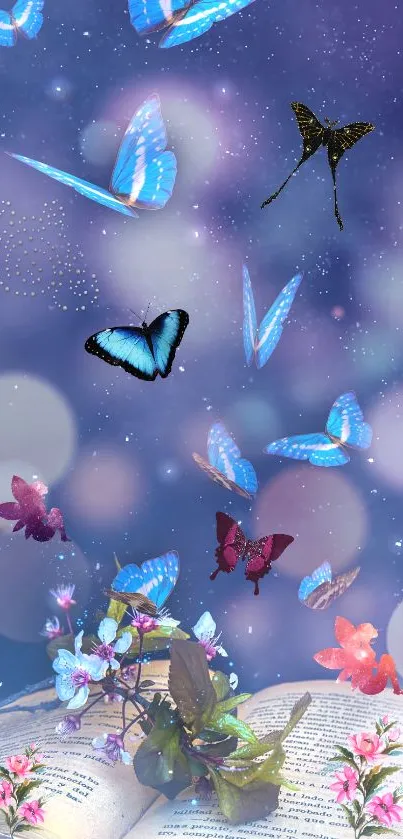 Butterflies and flowers on a dreamy purple background.