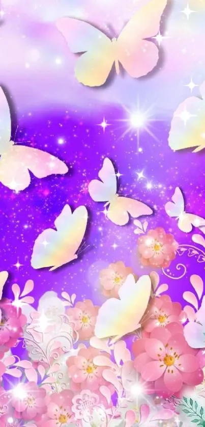 Pastel butterflies on a purple starry floral background wallpaper.