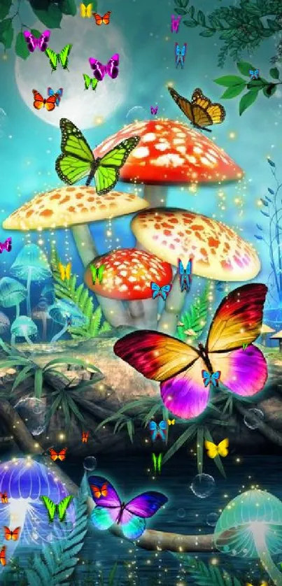 Magical forest scene with butterflies and glowing mushrooms.