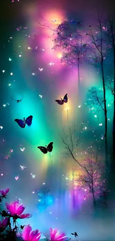 Magical forest with glowing butterflies and vibrant colors.