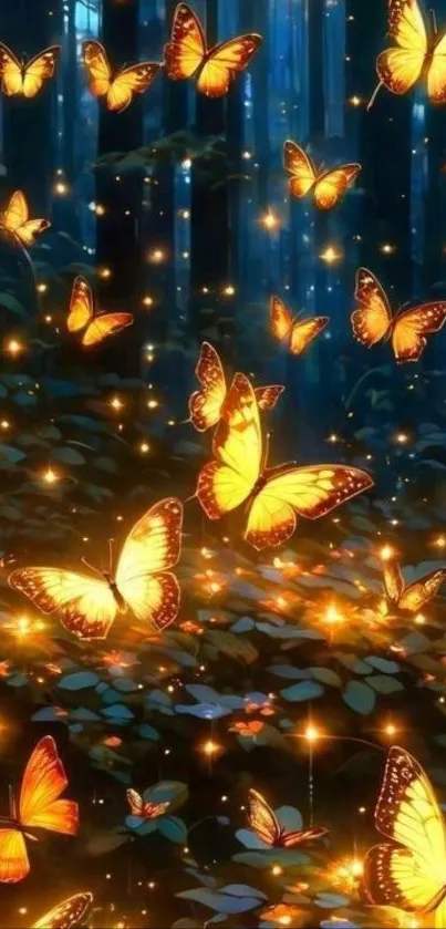 Glowing butterflies flutter in a magical, dark forest scene at night.