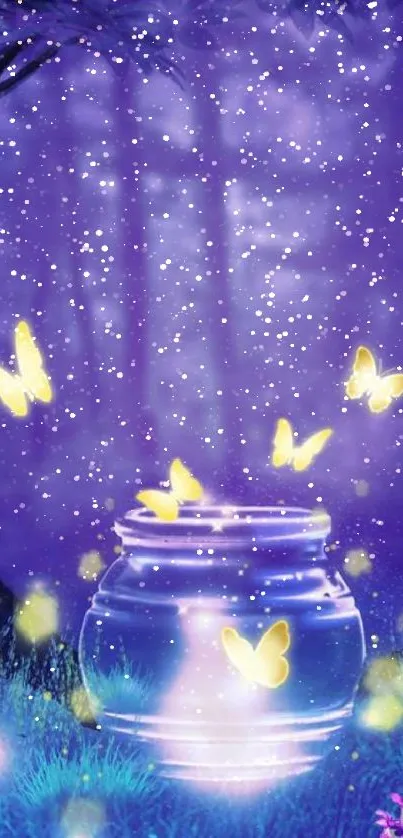 Magical forest scene with glowing butterflies and jar under purple glow.