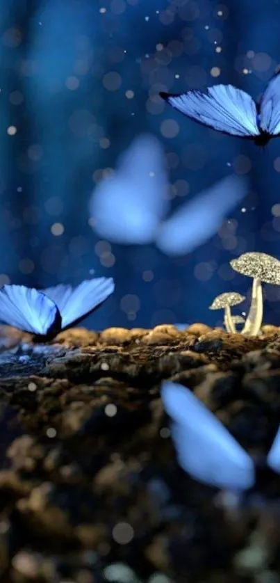 Blue butterflies in a mystical night forest with glowing mushrooms.