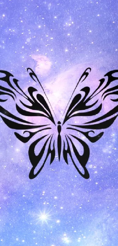 A butterfly silhouette over a starry galaxy backdrop.