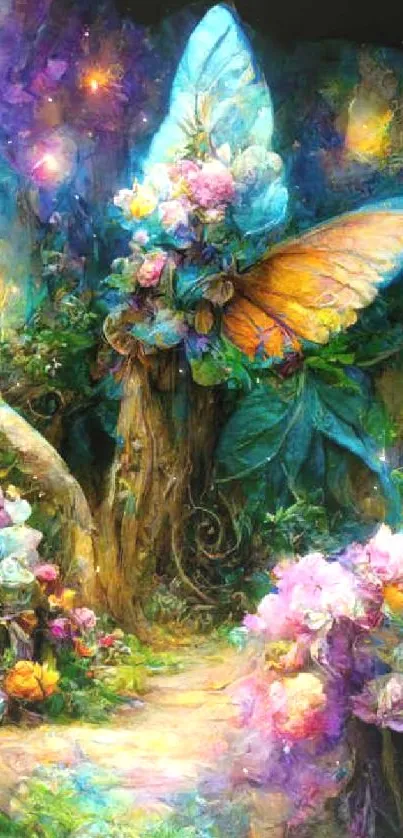 Colorful fantasy landscape with butterflies and flowers.