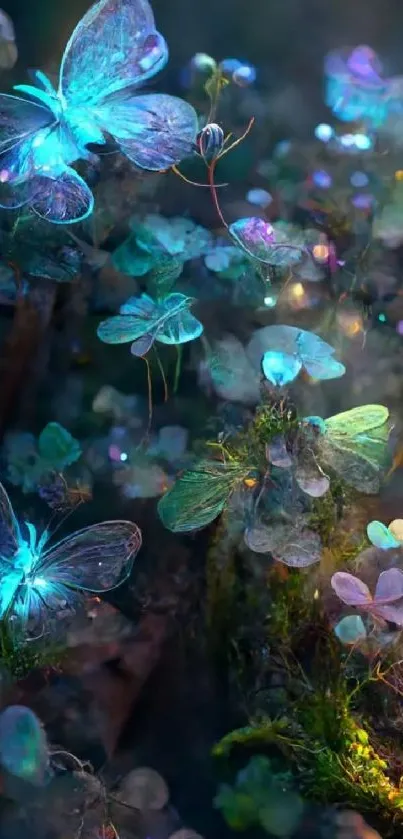 Enchanting glowing butterfly garden with luminous plants and ethereal ambiance.