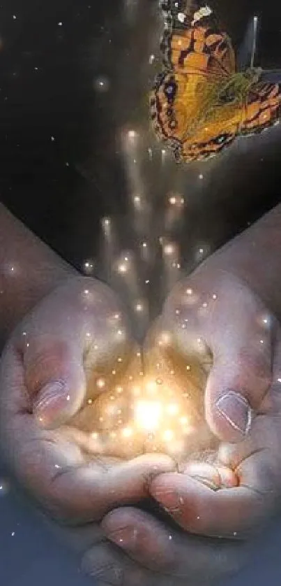 Hands holding glowing light with butterfly above.