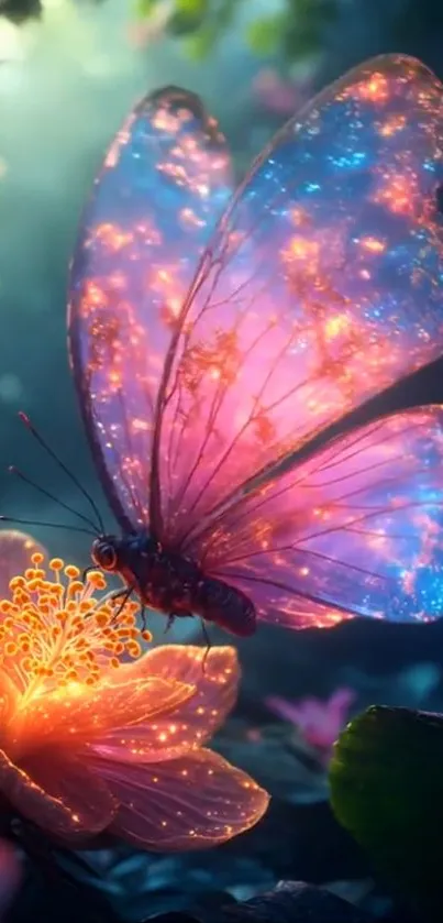 Magical glowing butterfly on a luminous flower