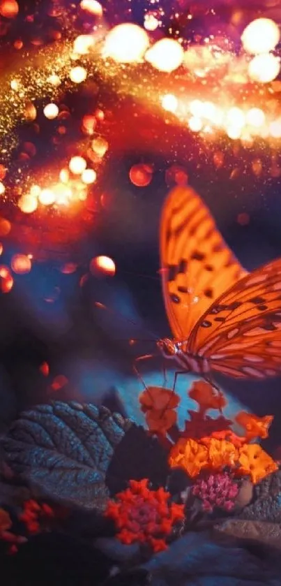 Orange butterfly on a leaf with glowing abstract background.