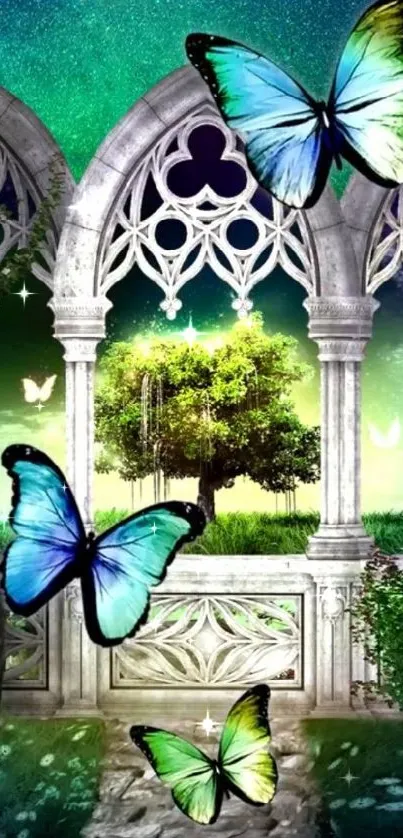 Magical garden with butterflies and trees in vivid greens.