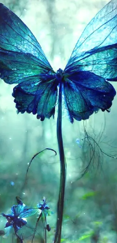 Blue butterfly glows in the mystical forest setting, creating a magical atmosphere.