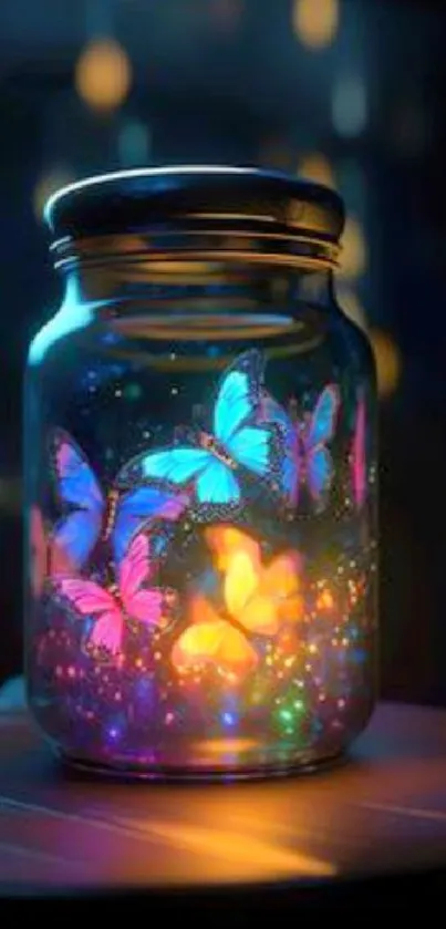 Jar of glowing butterflies with bright colors in a dark setting.