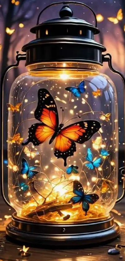 Lantern filled with glowing butterflies on a wooden surface at night.