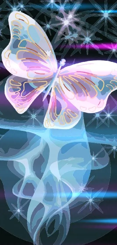 Magical butterfly with stars on dark blue background.