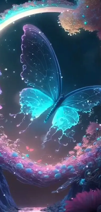 Magical butterfly in a moonlit fantasy scene with vibrant colors and dreamy atmosphere.