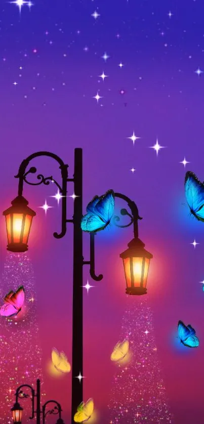 Glowing butterflies around street lamps under a starry purple night sky.