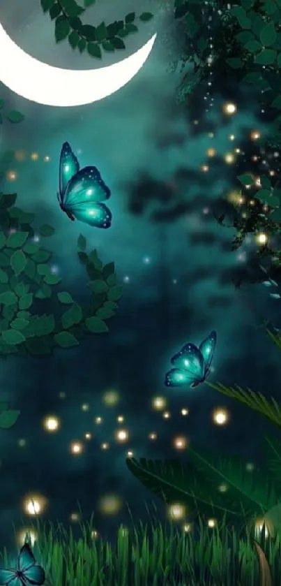 Magical night scene with butterflies and a crescent moon.