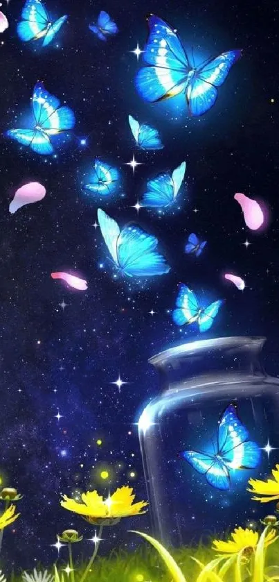 Blue butterflies flutter in a starry night sky over glowing flowers.