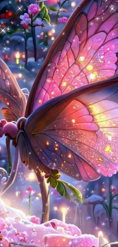 Fantasy butterfly in dreamy garden landscape with vibrant colors.