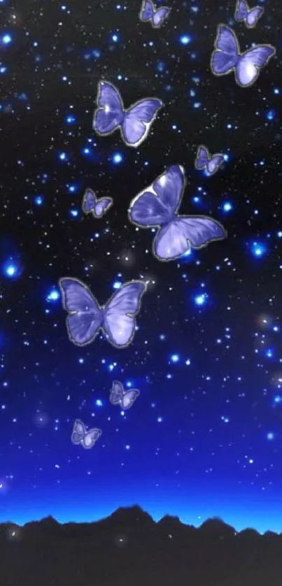 Enchanting night sky with blue butterflies.