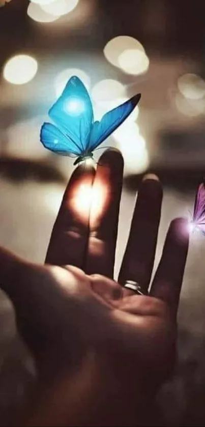 Hand reaching towards glowing butterflies in a dark, magical scene.