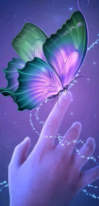 Whimsical butterfly perched on a fingertip with a mystical purple background.